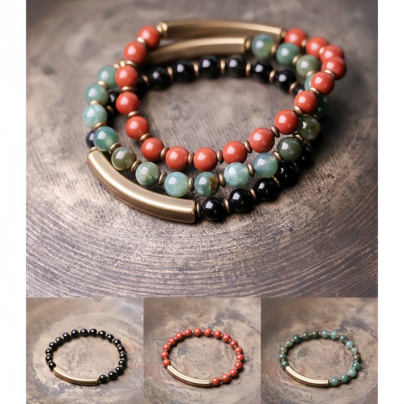 Pulsera de Pareja de Obsidiana Negra, Jaspe Rojo y Ágata Musgosa con Cobre Moss Agate Red Jasper Black Obsidian Copper Couple Bracelet