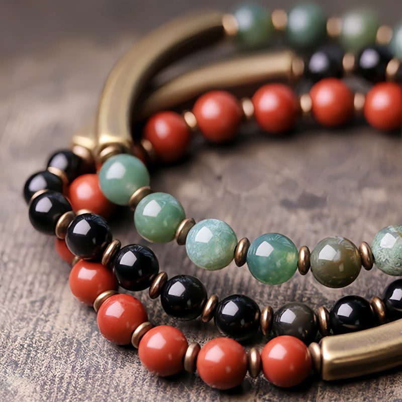Pulsera de Pareja de Obsidiana Negra, Jaspe Rojo y Ágata Musgosa con Cobre Moss Agate Red Jasper Black Obsidian Copper Couple Bracelet