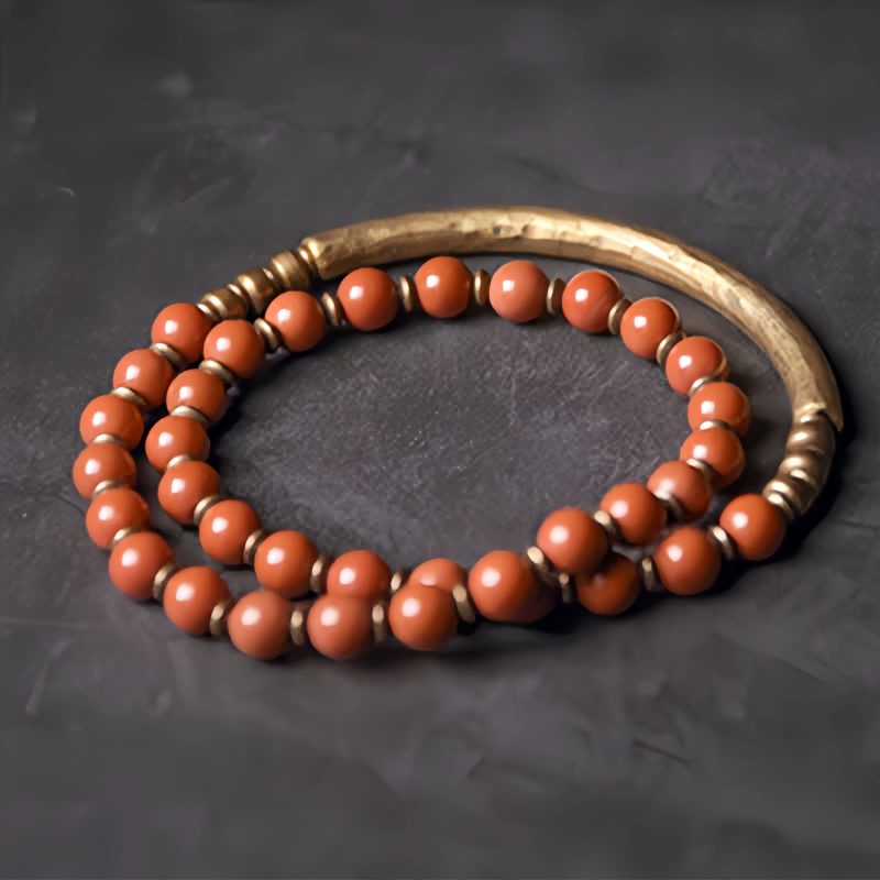 Pulsera de Pareja de Obsidiana Negra, Jaspe Rojo y Ágata Musgosa con Cobre Moss Agate Red Jasper Black Obsidian Copper Couple Bracelet