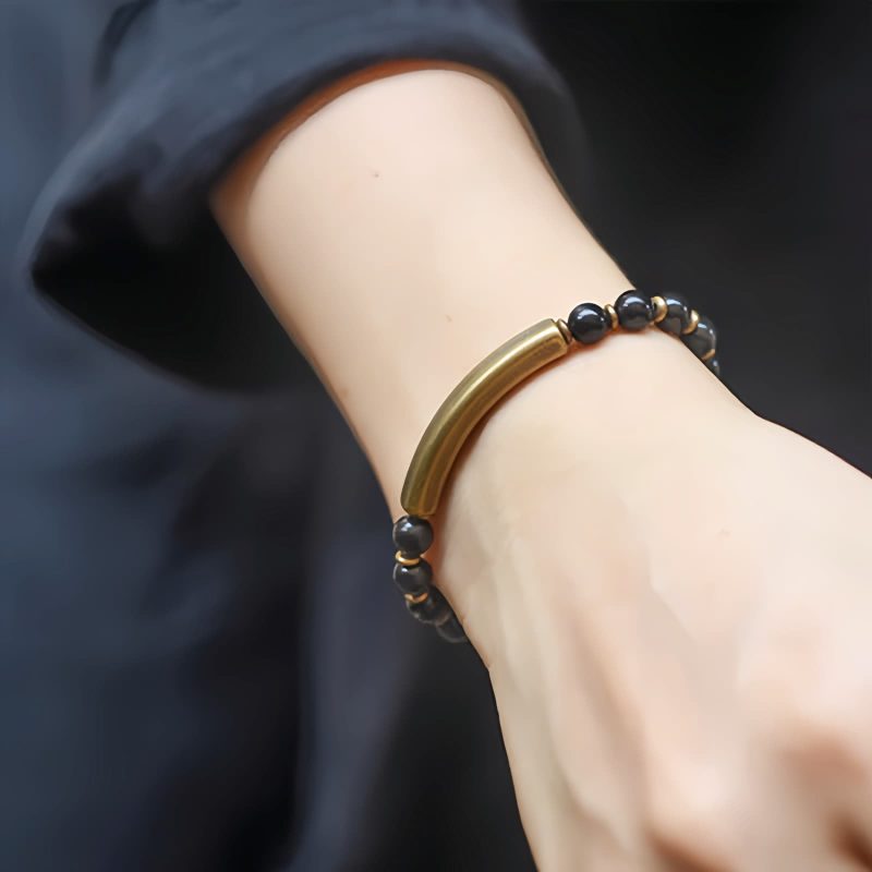 Pulsera de Pareja de Obsidiana Negra, Jaspe Rojo y Ágata Musgosa con Cobre Moss Agate Red Jasper Black Obsidian Copper Couple Bracelet