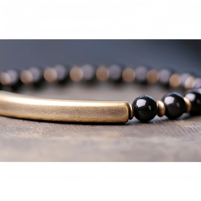 Pulsera de Pareja de Obsidiana Negra, Jaspe Rojo y Ágata Musgosa con Cobre Moss Agate Red Jasper Black Obsidian Copper Couple Bracelet