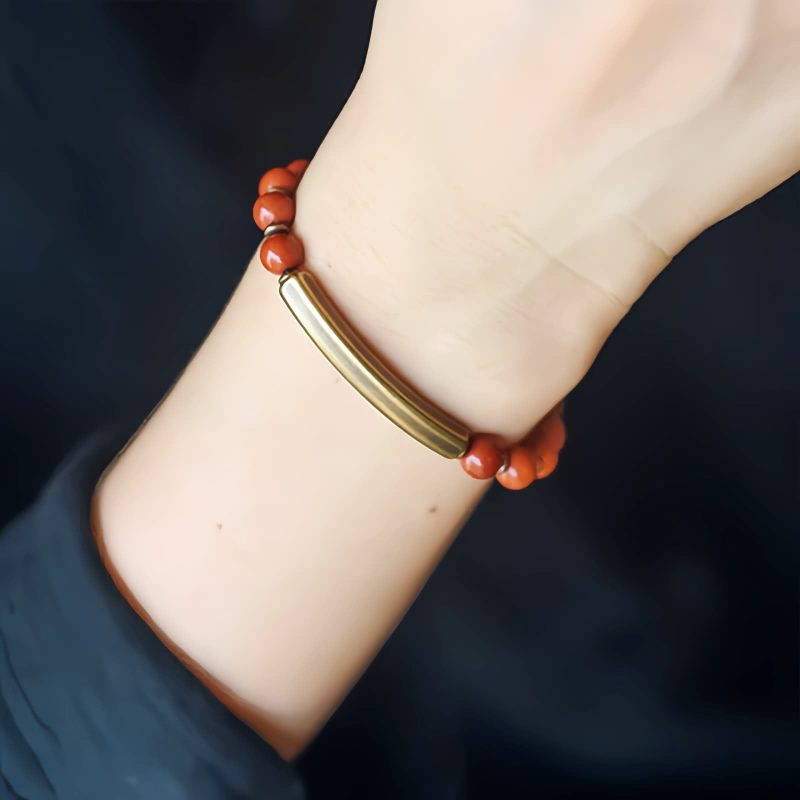 Pulsera de Pareja de Obsidiana Negra, Jaspe Rojo y Ágata Musgosa con Cobre Moss Agate Red Jasper Black Obsidian Copper Couple Bracelet