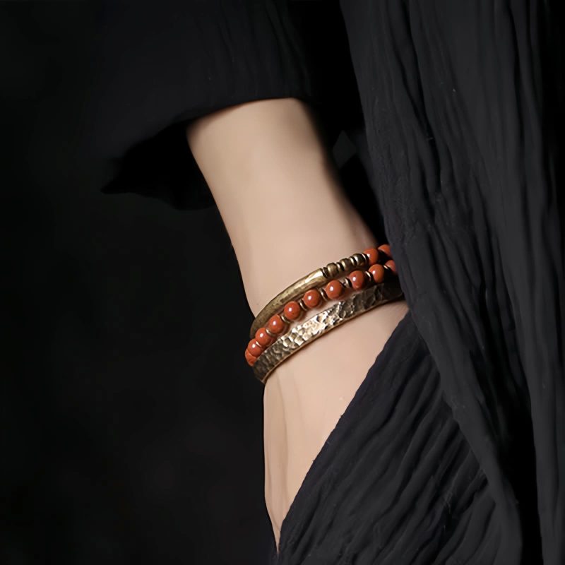 Pulsera de Pareja de Obsidiana Negra, Jaspe Rojo y Ágata Musgosa con Cobre Moss Agate Red Jasper Black Obsidian Copper Couple Bracelet