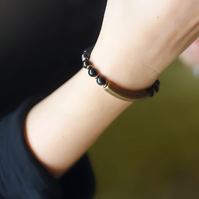 Pulsera de Pareja de Obsidiana Negra, Jaspe Rojo y Ágata Musgosa con Cobre Moss Agate Red Jasper Black Obsidian Copper Couple Bracelet
