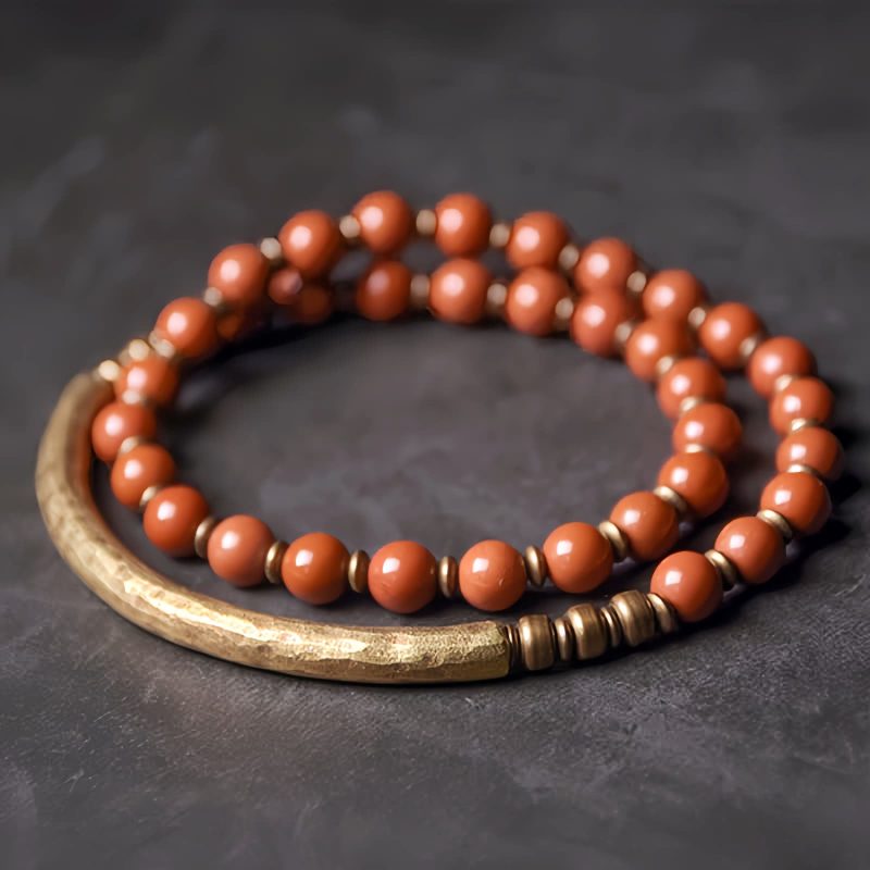 Pulsera de Pareja de Obsidiana Negra, Jaspe Rojo y Ágata Musgosa con Cobre Moss Agate Red Jasper Black Obsidian Copper Couple Bracelet