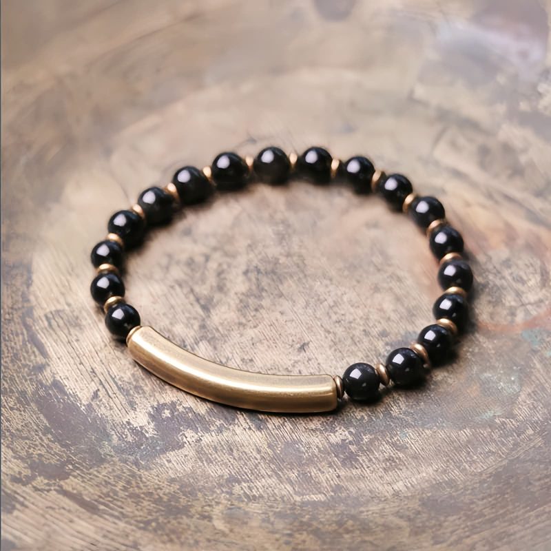 Pulsera de Pareja de Obsidiana Negra, Jaspe Rojo y Ágata Musgosa con Cobre Moss Agate Red Jasper Black Obsidian Copper Couple Bracelet