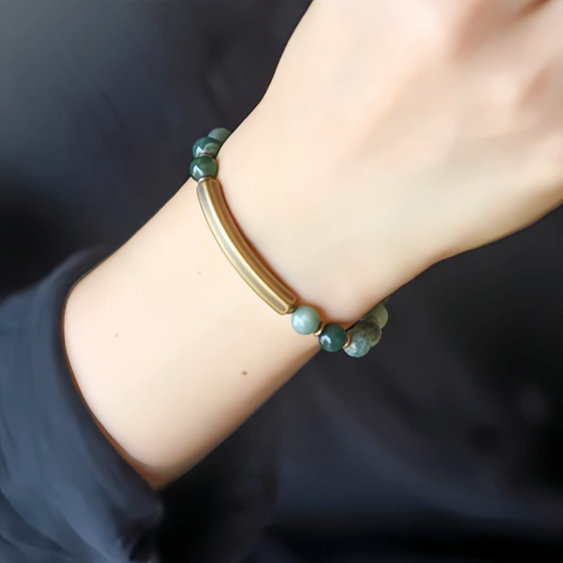 Pulsera de Pareja de Obsidiana Negra, Jaspe Rojo y Ágata Musgosa con Cobre Moss Agate Red Jasper Black Obsidian Copper Couple Bracelet