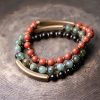 Pulsera de Pareja de Obsidiana Negra, Jaspe Rojo y Ágata Musgosa con Cobre Moss Agate Red Jasper Black Obsidian Copper Couple Bracelet