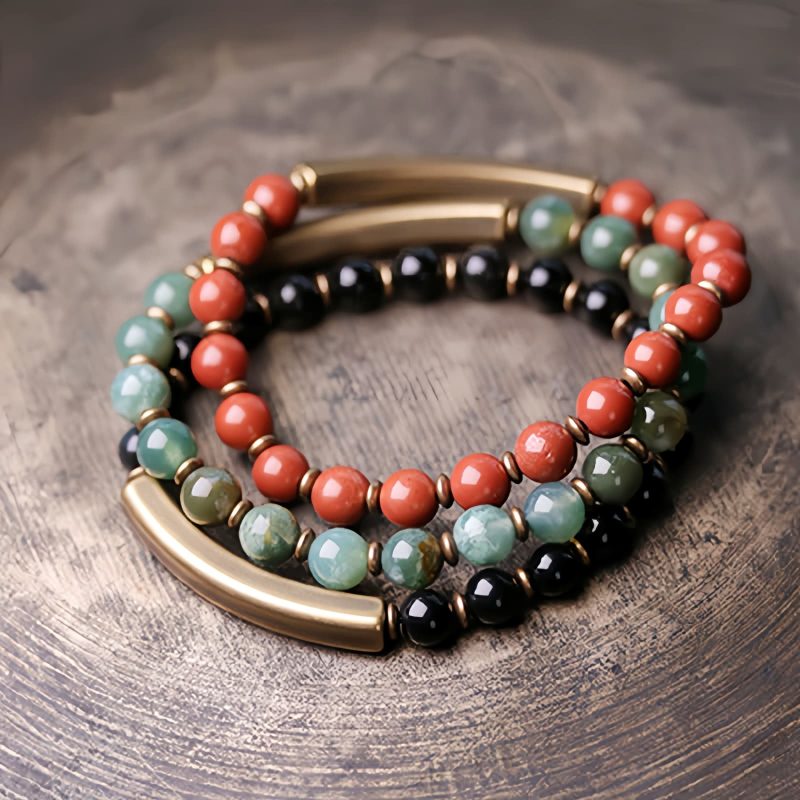 Pulsera de Pareja de Obsidiana Negra, Jaspe Rojo y Ágata Musgosa con Cobre Moss Agate Red Jasper Black Obsidian Copper Couple Bracelet