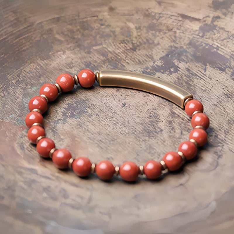 Pulsera de Pareja de Obsidiana Negra, Jaspe Rojo y Ágata Musgosa con Cobre Moss Agate Red Jasper Black Obsidian Copper Couple Bracelet