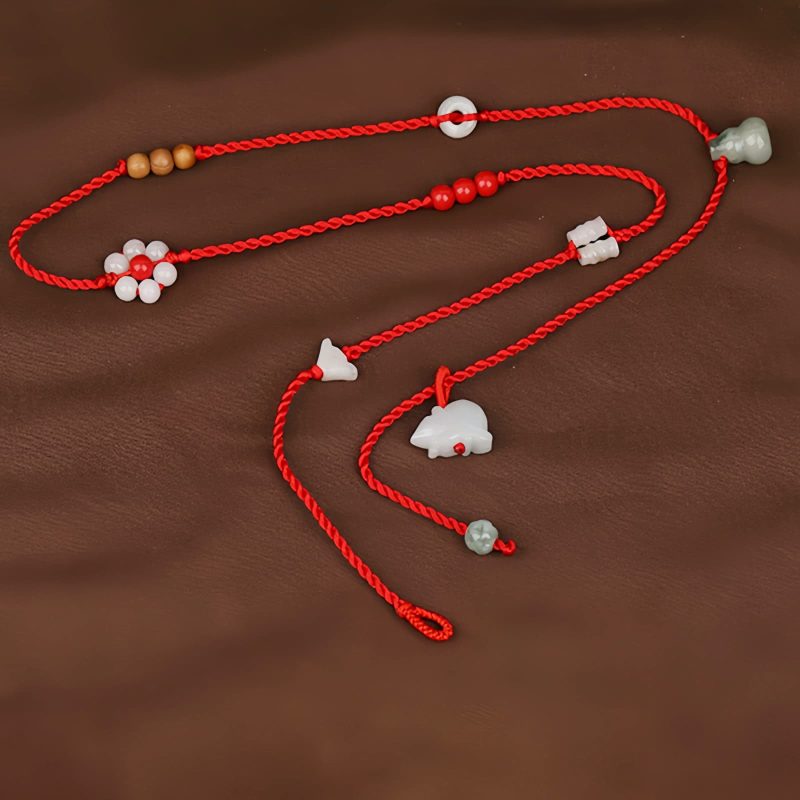 Cadena de Cintura del Zodiaco Chino de Madera de Durazno con Hilo Rojo Peach Wood Zodiac Belly Chain with Red String