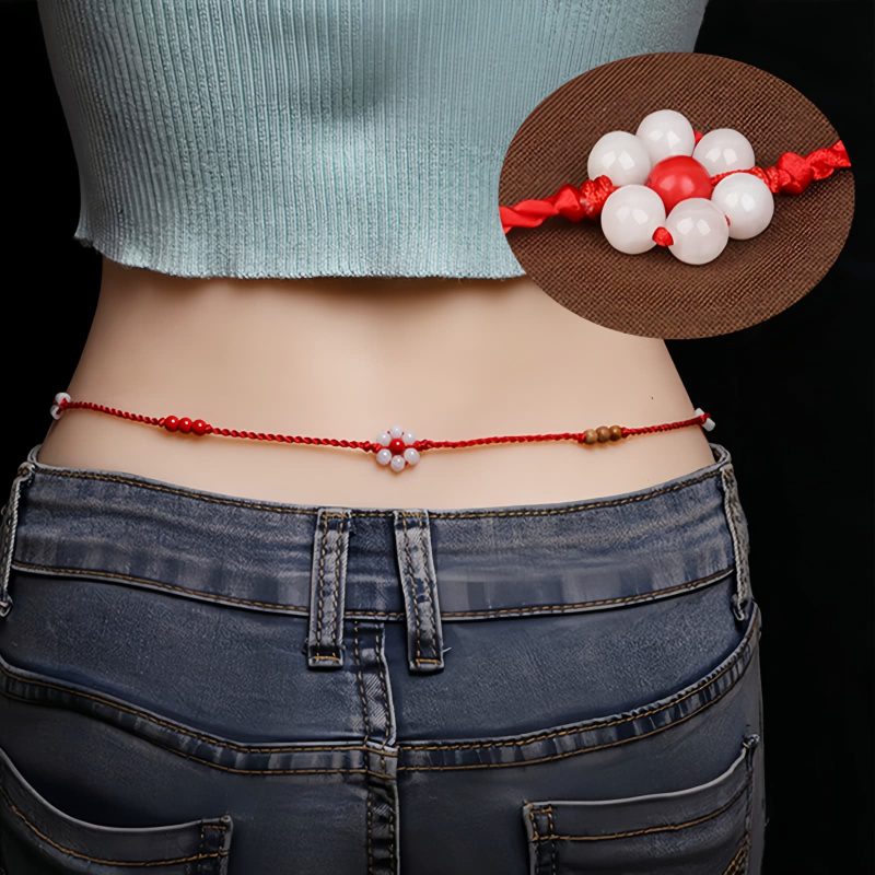 Cadena de Cintura del Zodiaco Chino de Madera de Durazno con Hilo Rojo Peach Wood Zodiac Belly Chain with Red String