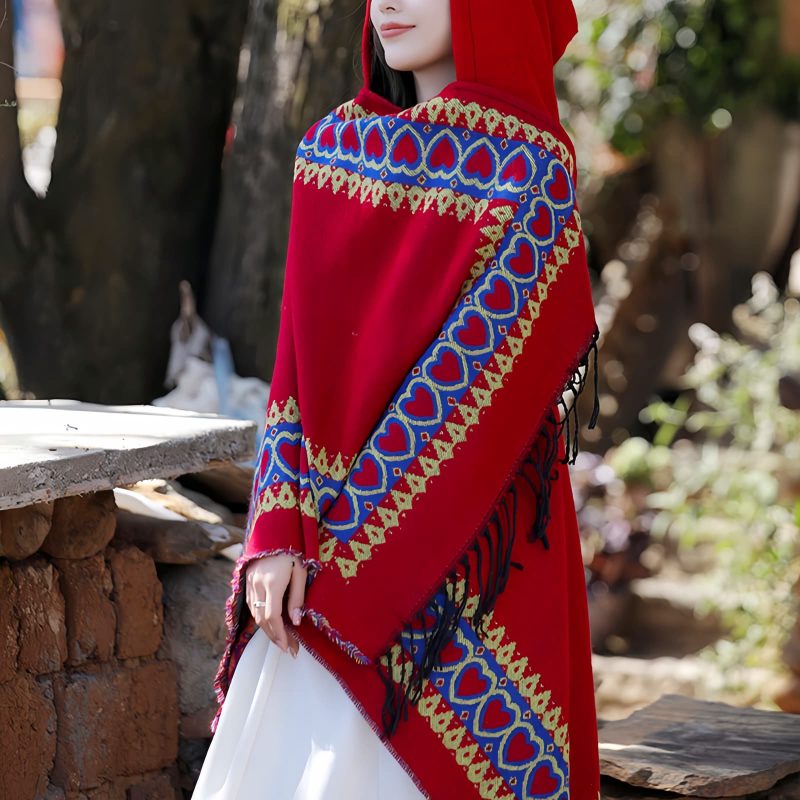 Chaleco con Capucha Tibetano con Borlas y Corazón Rojo Red Heart Tassel Tibetan Hooded Shawl