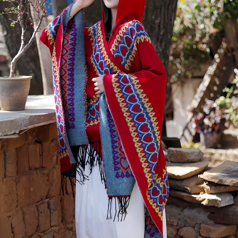 Chaleco con Capucha Tibetano con Borlas y Corazón Rojo Red Heart Tassel Tibetan Hooded Shawl