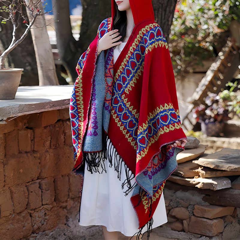 Chaleco con Capucha Tibetano con Borlas y Corazón Rojo Red Heart Tassel Tibetan Hooded Shawl
