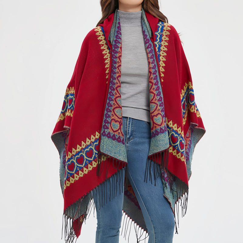 Chaleco con Capucha Tibetano con Borlas y Corazón Rojo Red Heart Tassel Tibetan Hooded Shawl