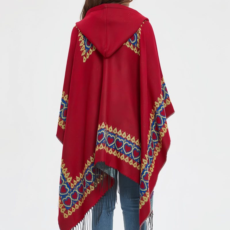 Chaleco con Capucha Tibetano con Borlas y Corazón Rojo Red Heart Tassel Tibetan Hooded Shawl