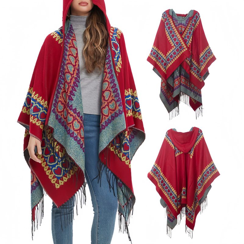 Chaleco con Capucha Tibetano con Borlas y Corazón Rojo Red Heart Tassel Tibetan Hooded Shawl