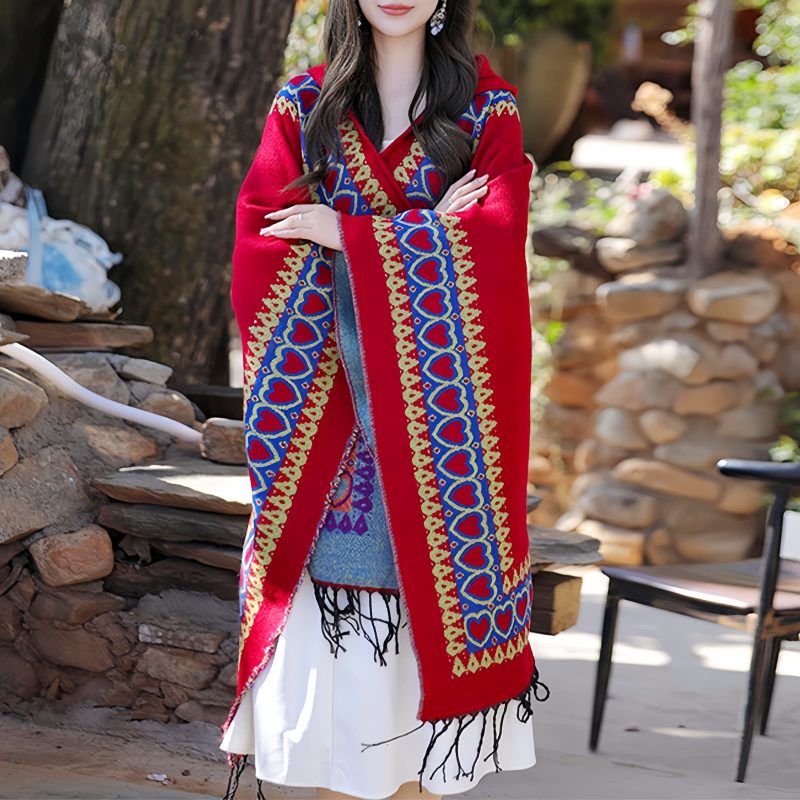 Chaleco con Capucha Tibetano con Borlas y Corazón Rojo Red Heart Tassel Tibetan Hooded Shawl