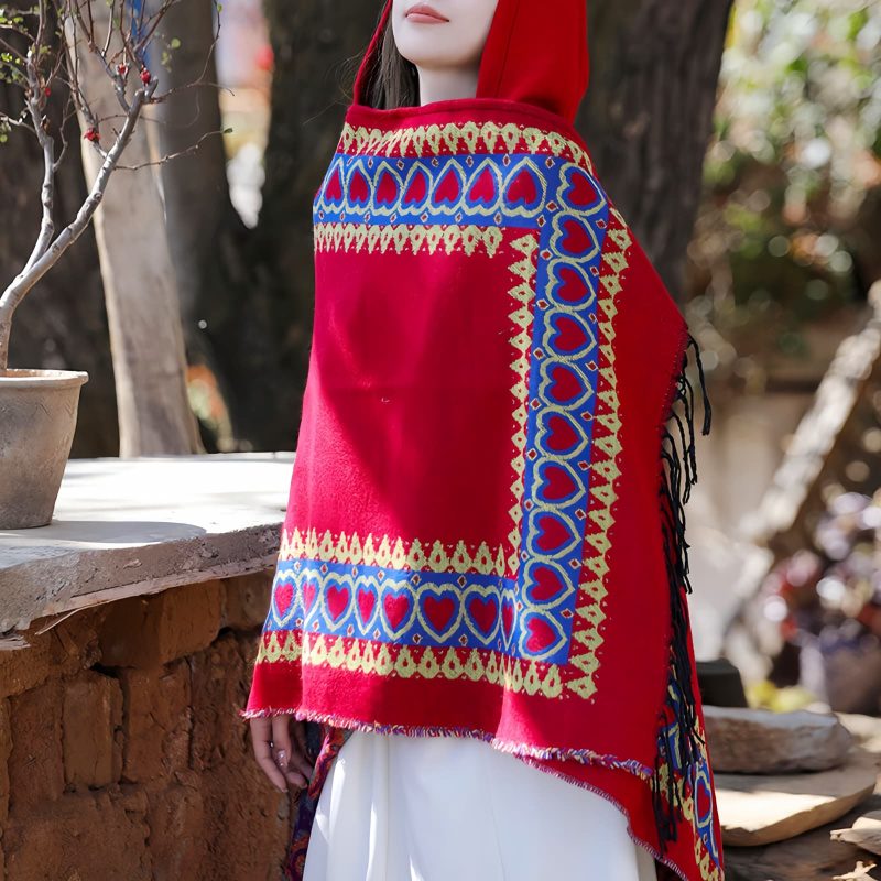 Chaleco con Capucha Tibetano con Borlas y Corazón Rojo Red Heart Tassel Tibetan Hooded Shawl