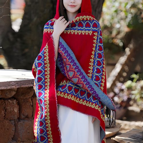 Chaleco con Capucha Tibetano con Borlas y Corazón Rojo Chaleco con Capucha Tibetano con Borlas y Corazón Rojo