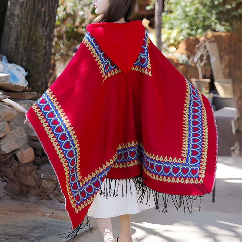 Chaleco con Capucha Tibetano con Borlas y Corazón Rojo Red Heart Tassel Tibetan Hooded Shawl
