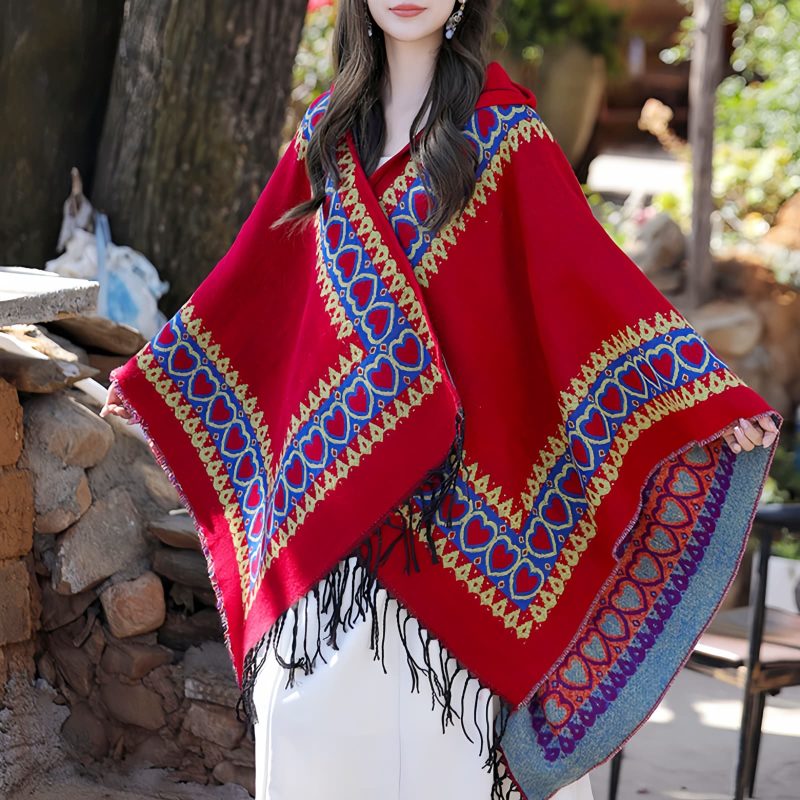Chaleco con Capucha Tibetano con Borlas y Corazón Rojo Red Heart Tassel Tibetan Hooded Shawl