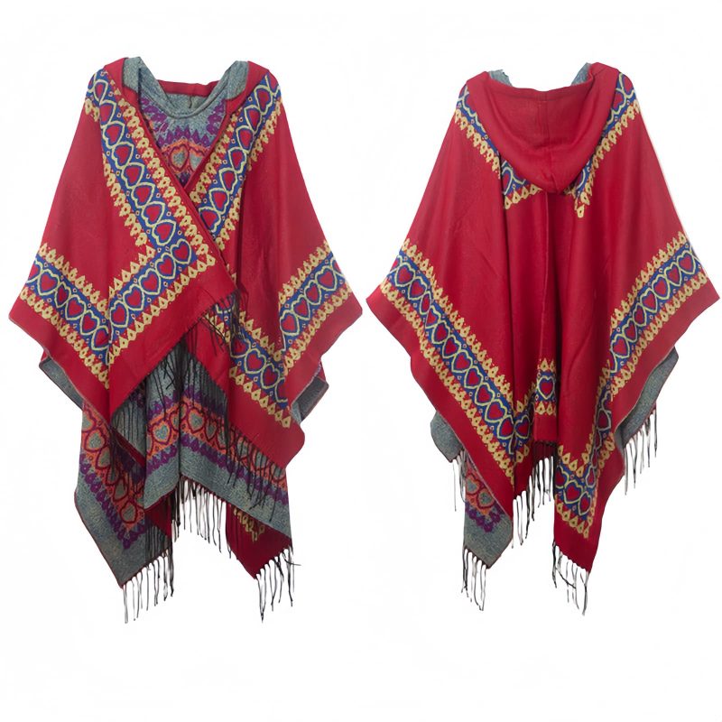 Chaleco con Capucha Tibetano con Borlas y Corazón Rojo Red Heart Tassel Tibetan Hooded Shawl