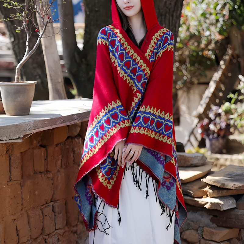 Chaleco con Capucha Tibetano con Borlas y Corazón Rojo Red Heart Tassel Tibetan Hooded Shawl