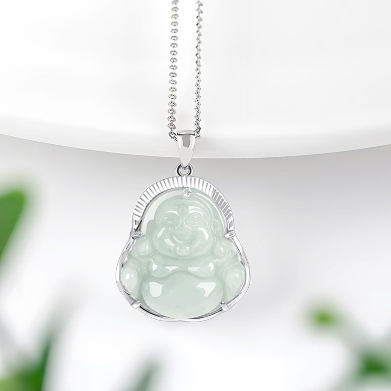 Collar con dije de Buda sonriente de jade y plata Silver Jade Laughing Buddha Pendant Necklace