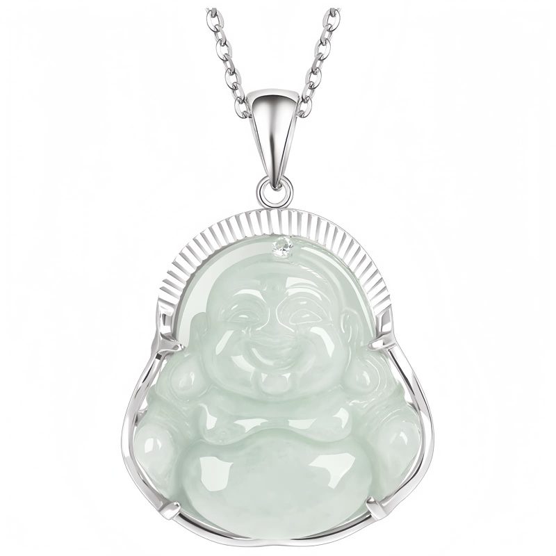 Collar con dije de Buda sonriente de jade y plata Silver Jade Laughing Buddha Pendant Necklace