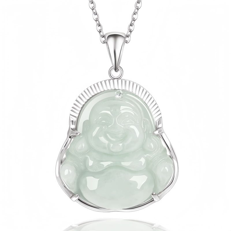 Collar con dije de Buda sonriente de jade y plata Silver Jade Laughing Buddha Pendant Necklace