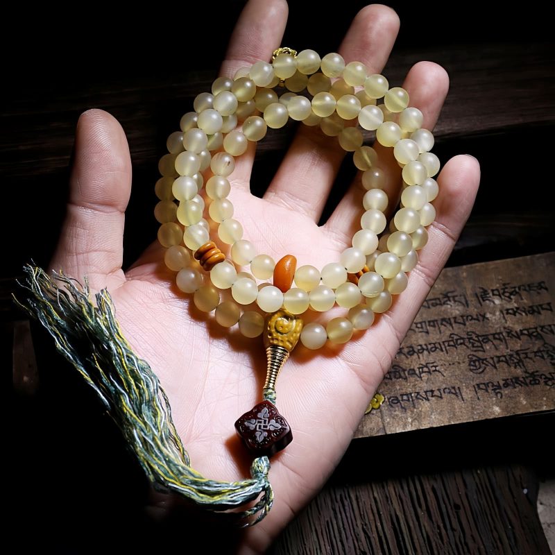 Pulseira de Âmbar de Chifre de Ovelha Tibetana 108 Contas de Mala da Sorte Tibet 108 Mala Sheep Horn Amber Luck Bracelet