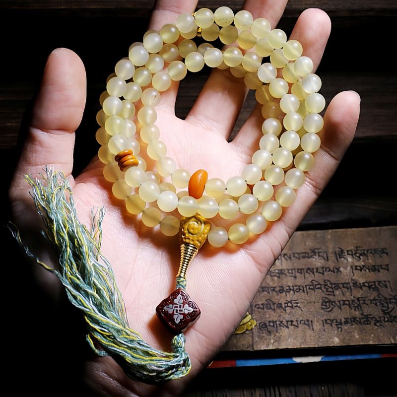 Pulseira de Âmbar de Chifre de Ovelha Tibetana 108 Contas de Mala da Sorte Tibet 108 Mala Sheep Horn Amber Luck Bracelet