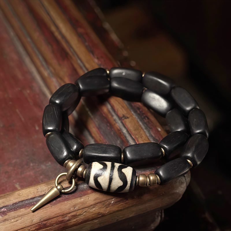 سوار يد مزدوج من خشب الأبنوس التبتي مع حبات Dzi و النحاس Tibet Ebony Wood Dzi Bead Copper Double Wrap Bracelet
