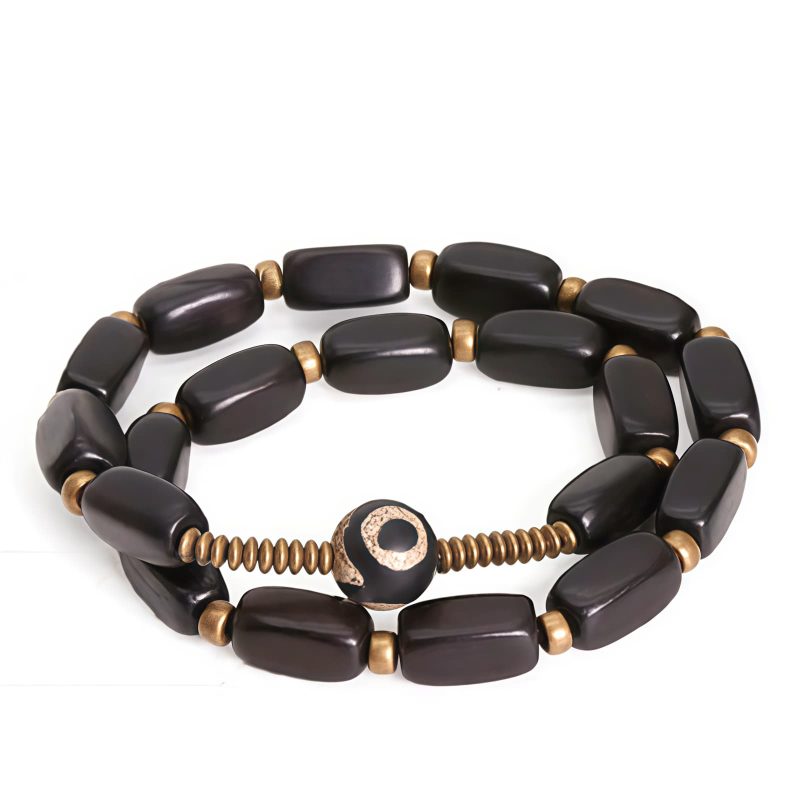 سوار يد مزدوج من خشب الأبنوس التبتي مع حبات Dzi و النحاس Tibet Ebony Wood Dzi Bead Copper Double Wrap Bracelet