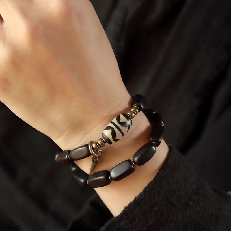 سوار يد مزدوج من خشب الأبنوس التبتي مع حبات Dzi و النحاس Tibet Ebony Wood Dzi Bead Copper Double Wrap Bracelet