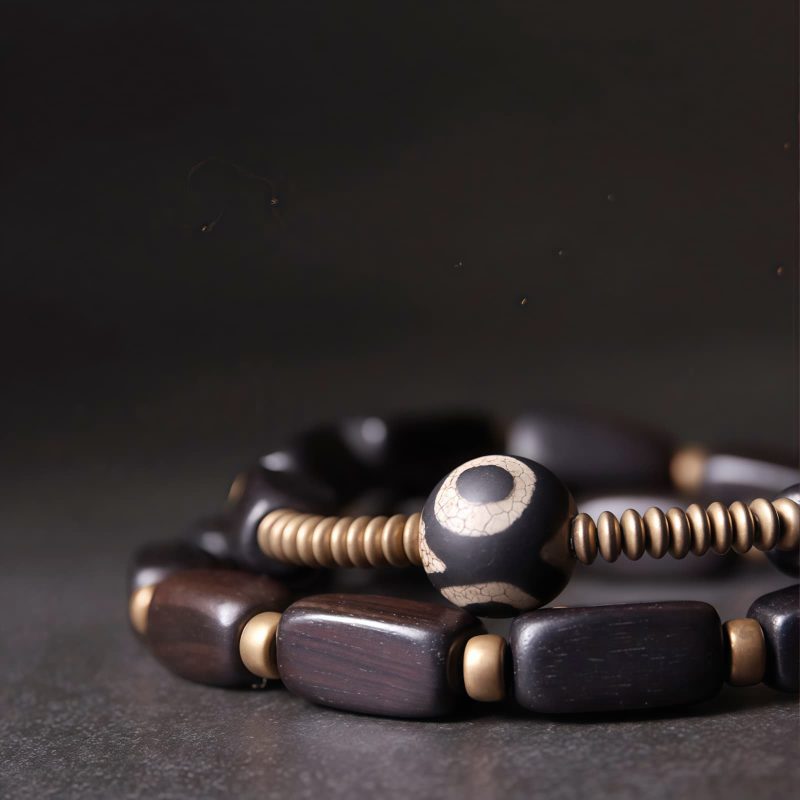 سوار يد مزدوج من خشب الأبنوس التبتي مع حبات Dzi و النحاس Tibet Ebony Wood Dzi Bead Copper Double Wrap Bracelet