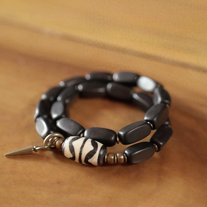 سوار يد مزدوج من خشب الأبنوس التبتي مع حبات Dzi و النحاس Tibet Ebony Wood Dzi Bead Copper Double Wrap Bracelet