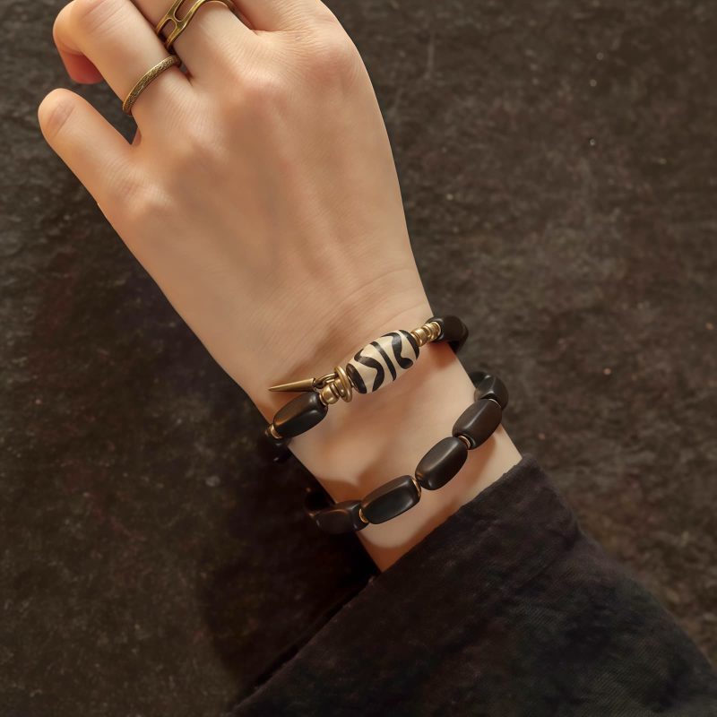 سوار يد مزدوج من خشب الأبنوس التبتي مع حبات Dzi و النحاس Tibet Ebony Wood Dzi Bead Copper Double Wrap Bracelet