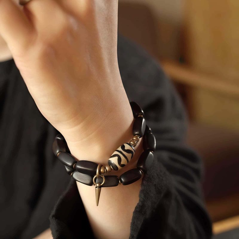 سوار يد مزدوج من خشب الأبنوس التبتي مع حبات Dzi و النحاس Tibet Ebony Wood Dzi Bead Copper Double Wrap Bracelet