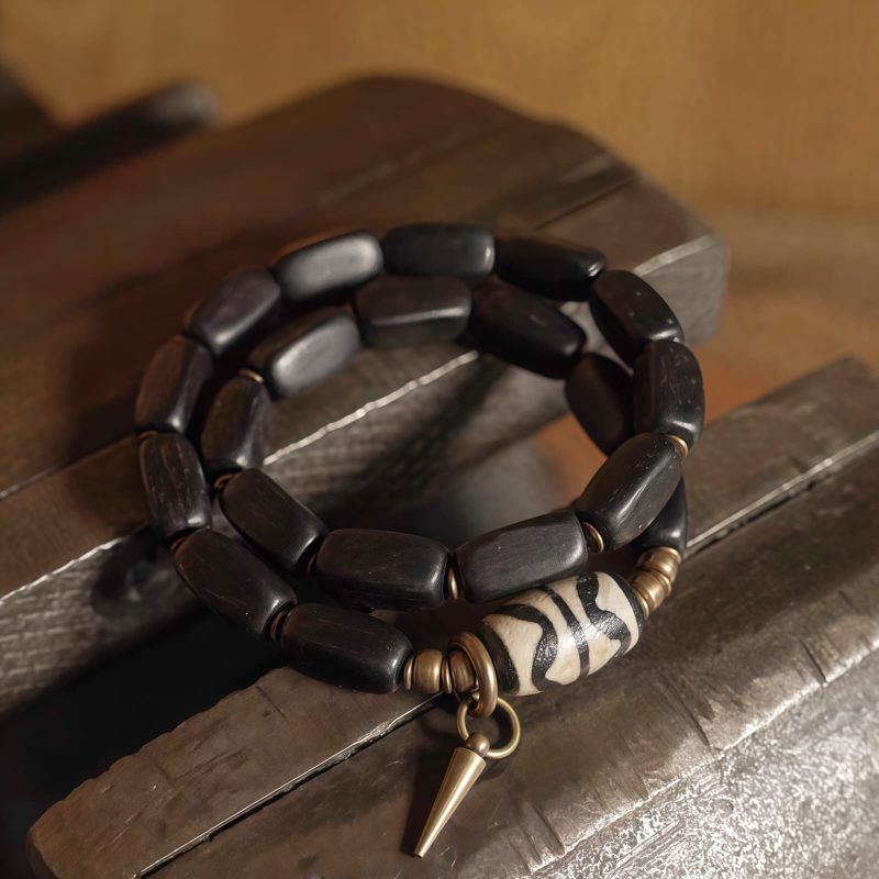 سوار يد مزدوج من خشب الأبنوس التبتي مع حبات Dzi و النحاس Tibet Ebony Wood Dzi Bead Copper Double Wrap Bracelet