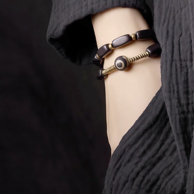 سوار يد مزدوج من خشب الأبنوس التبتي مع حبات Dzi و النحاس Tibet Ebony Wood Dzi Bead Copper Double Wrap Bracelet
