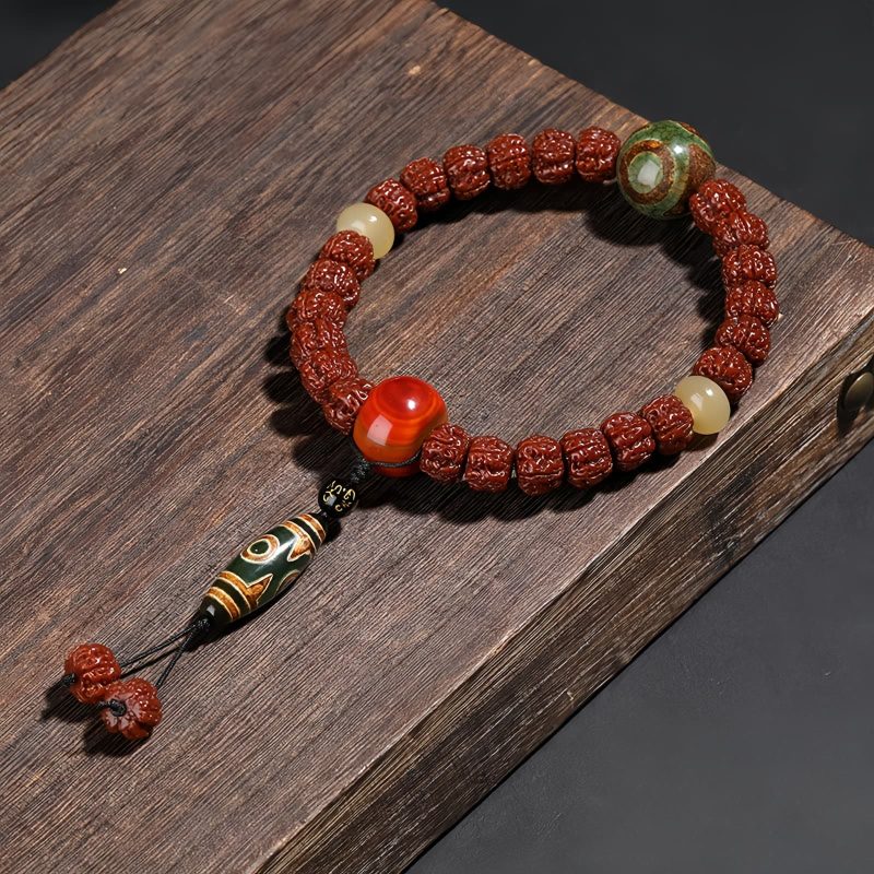 Pulsera Tibetana de la Fortuna con Cuentas Rudraksha, Dzi y Gato de la Suerte Tibet Rudraksha Dzi Bead Lucky Cat Wealth Bracelet