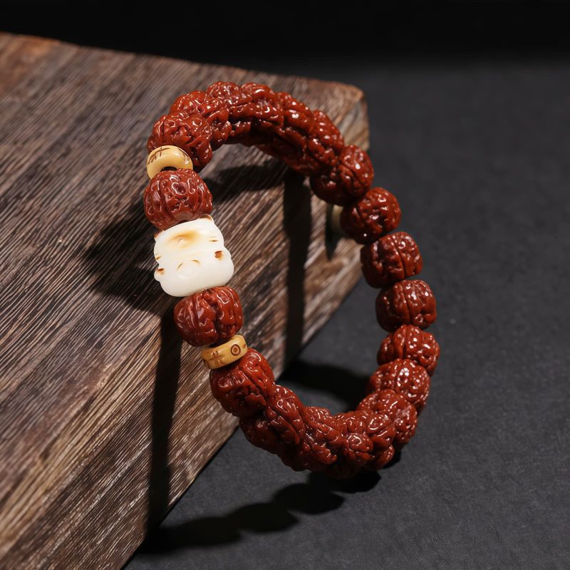 Pulsera Tibetana de la Fortuna con Cuentas Rudraksha, Dzi y Gato de la Suerte Tibet Rudraksha Dzi Bead Lucky Cat Wealth Bracelet