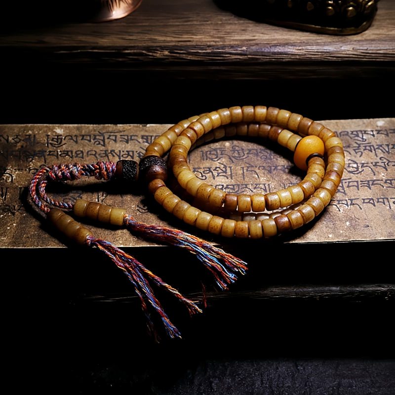 Pulseira de Equilíbrio de Osso de Iaque e Âmbar Mala Tibetana 108 Contas Tibetan 108 Mala Yak Bone Amber Balance Bracelet