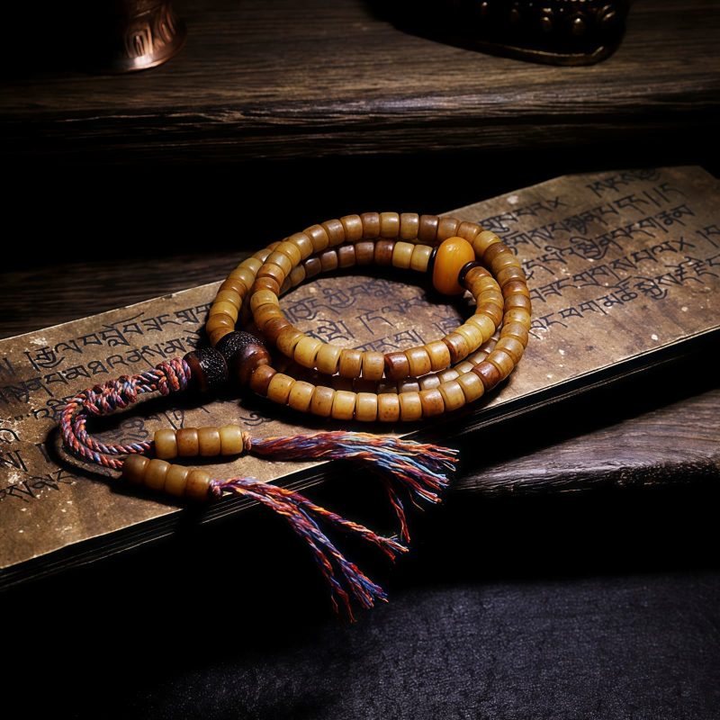 Pulseira de Equilíbrio de Osso de Iaque e Âmbar Mala Tibetana 108 Contas Tibetan 108 Mala Yak Bone Amber Balance Bracelet
