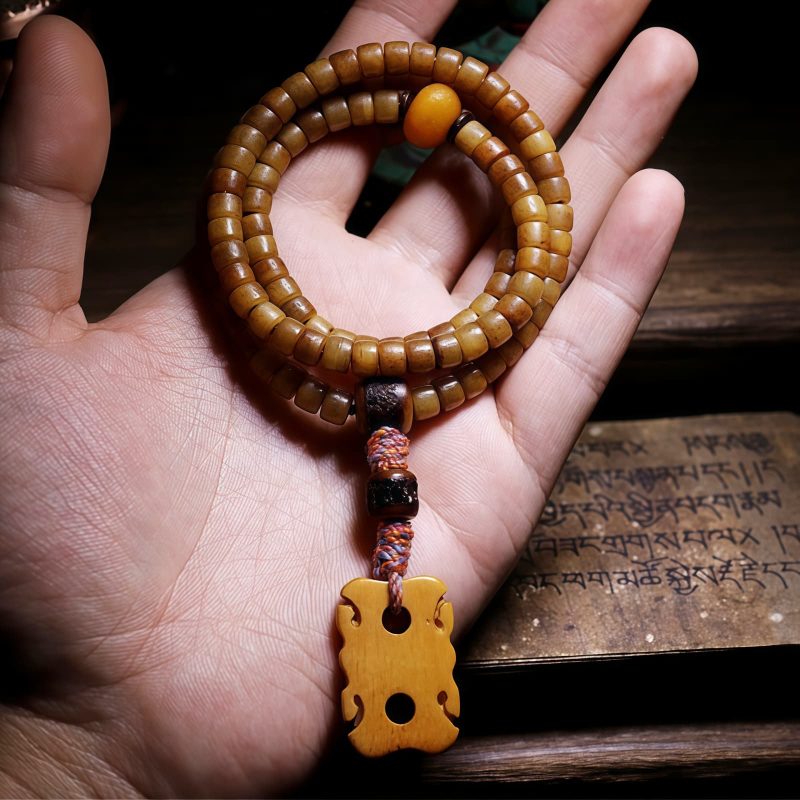 Pulseira de Equilíbrio de Osso de Iaque e Âmbar Mala Tibetana 108 Contas Tibetan 108 Mala Yak Bone Amber Balance Bracelet