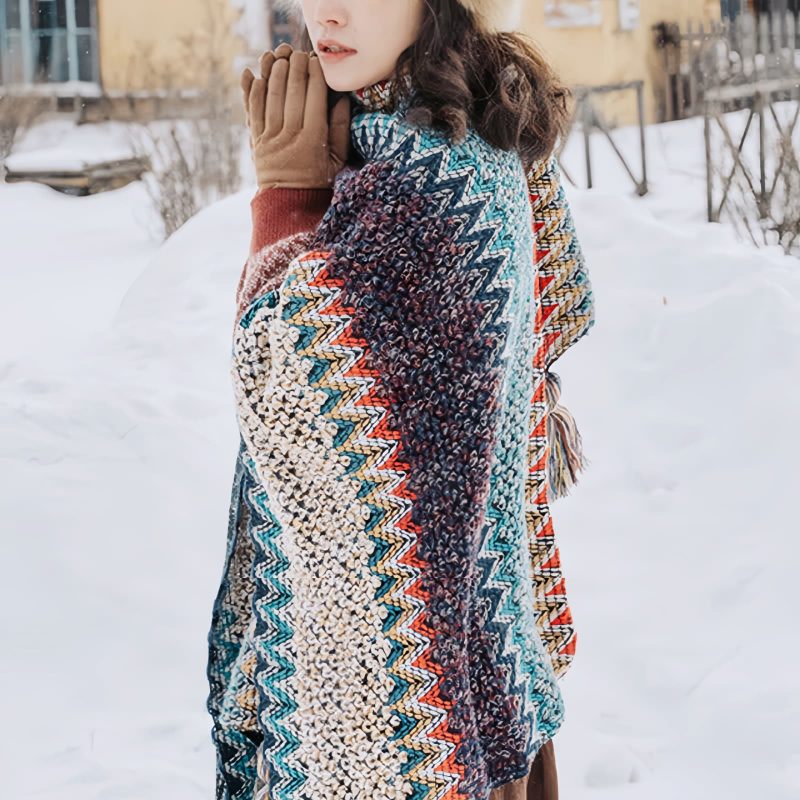Selendang Poni Bergelombang Tibet Biru Beige Tibetan Blue Beige Wavy Tassel Shawl