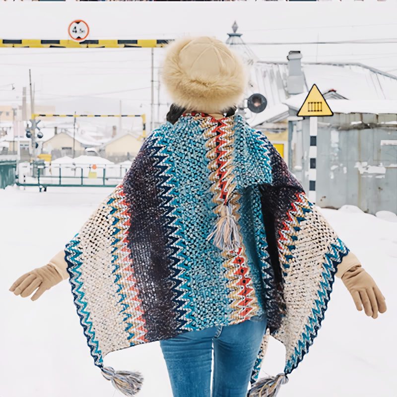 Selendang Poni Bergelombang Tibet Biru Beige Tibetan Blue Beige Wavy Tassel Shawl